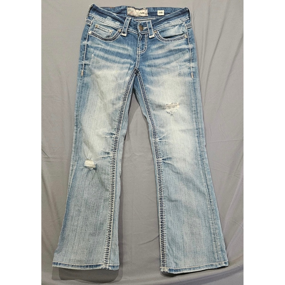 BKE Culture Bootcut Jeans Womens 26R Light Wash Good Distressed Contrast Stitch